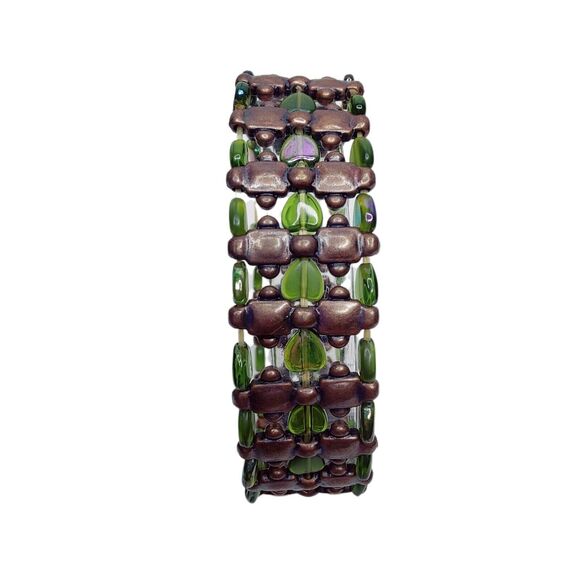 Green Purple & Brown Iridescent Boho Stretchy Beaded Bracelet Womens Jewelry - Picture 2 of 4